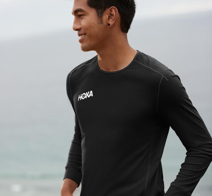 Hoka One One Tops Mens Black - Performance 3/4 Sleeve - 35976CUXV